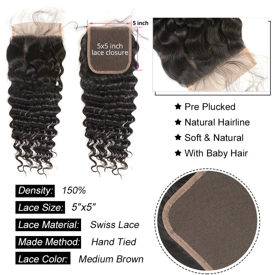 AliPearl Hair™ Deep Wave 3 Bundles With 5x5 Free Part Remy Brazilian Lace Closure✨️