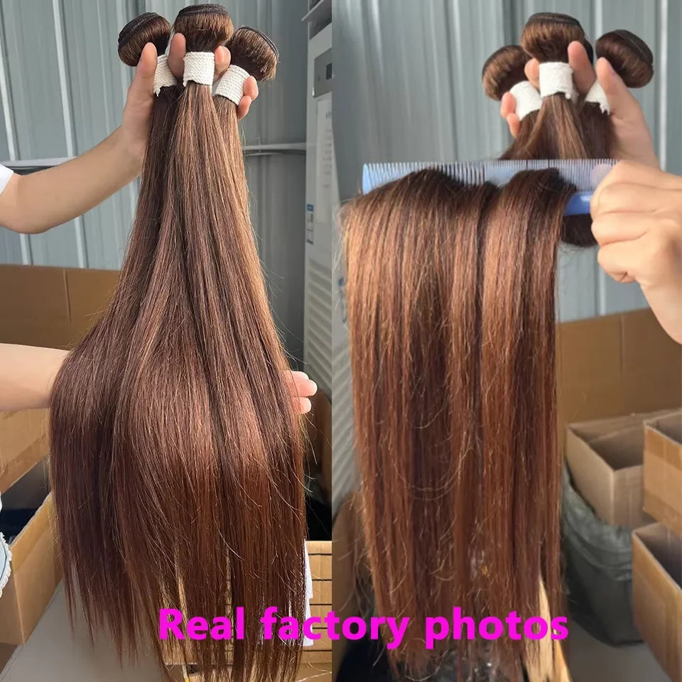 Yeslestm™#4 Chocolate Brown Straight 100% Brazilian Human Hair Bundles 1/3/4 Pcs✨️