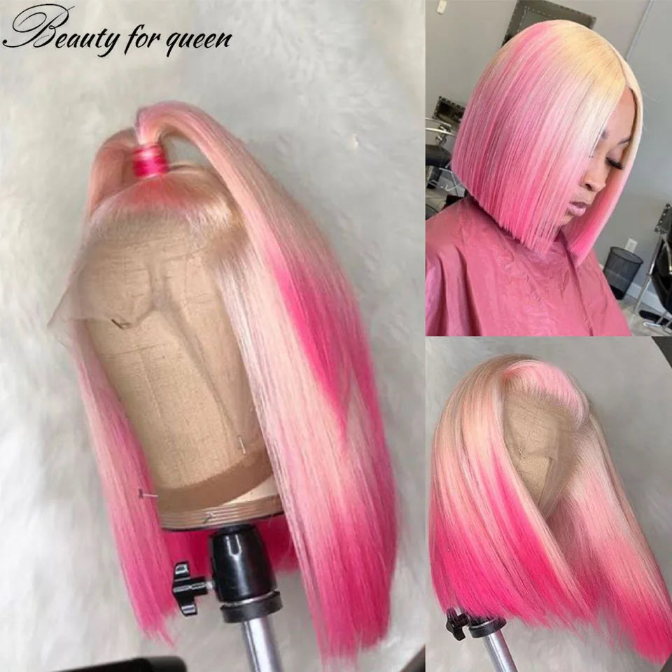 Eleanor® Brazillian Short Bob Wig Honey Blonde Ombre Pink Pre Plucked 613 Pink 13x4 Lace Front✨️ 8-14inches