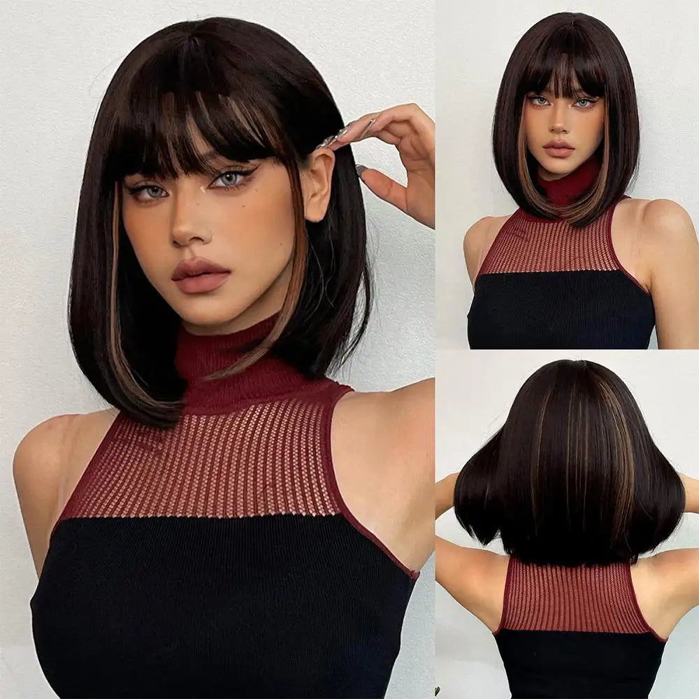 JONRENAU© Short Bob Straight Wig Synthetic Natural Hair with Bangs✨️
