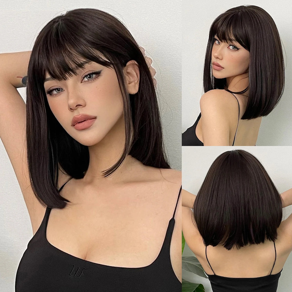 JONRENAU© Short Bob Straight Wig Synthetic Natural Hair with Bangs✨️