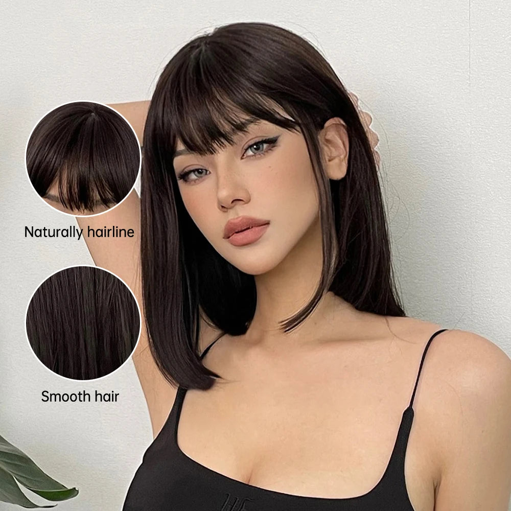 JONRENAU© Short Bob Straight Wig Synthetic Natural Hair with Bangs✨️
