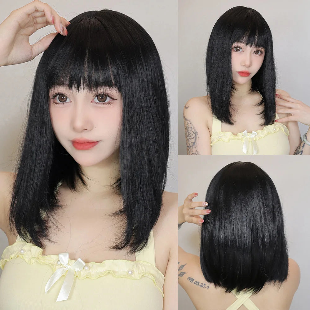 JONRENAU© Short Bob Straight Wig Synthetic Natural Hair with Bangs✨️