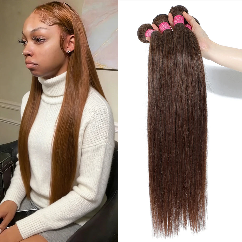 Yeslestm™#4 Chocolate Brown Straight 100% Brazilian Human Hair Bundles 1/3/4 Pcs✨️