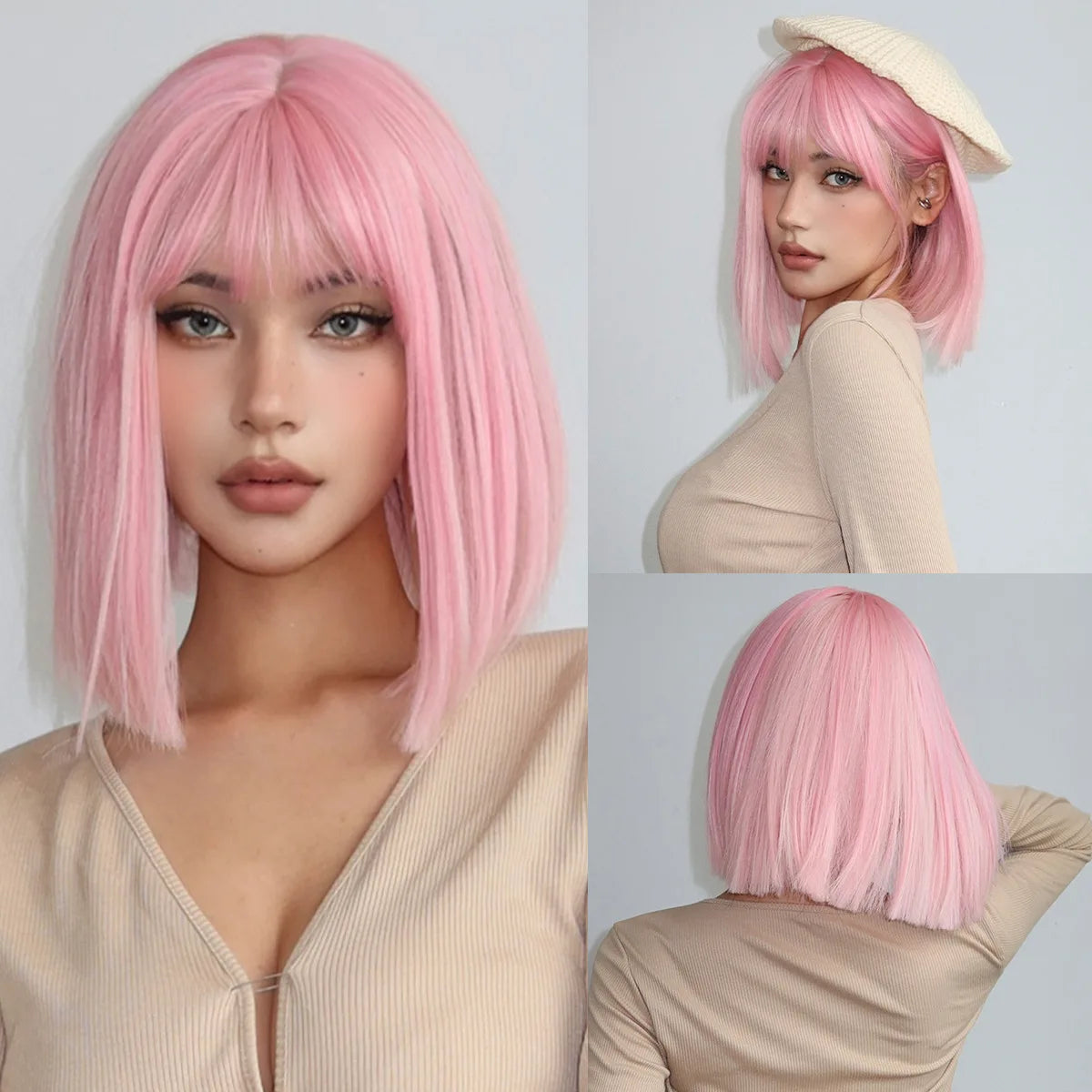 JONRENAU© Short Bob Straight Wig Synthetic Natural Hair with Bangs✨️