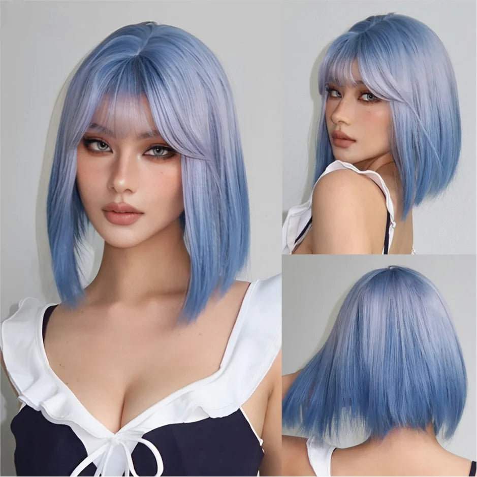 JONRENAU© Short Bob Straight Wig Synthetic Natural Hair with Bangs✨️