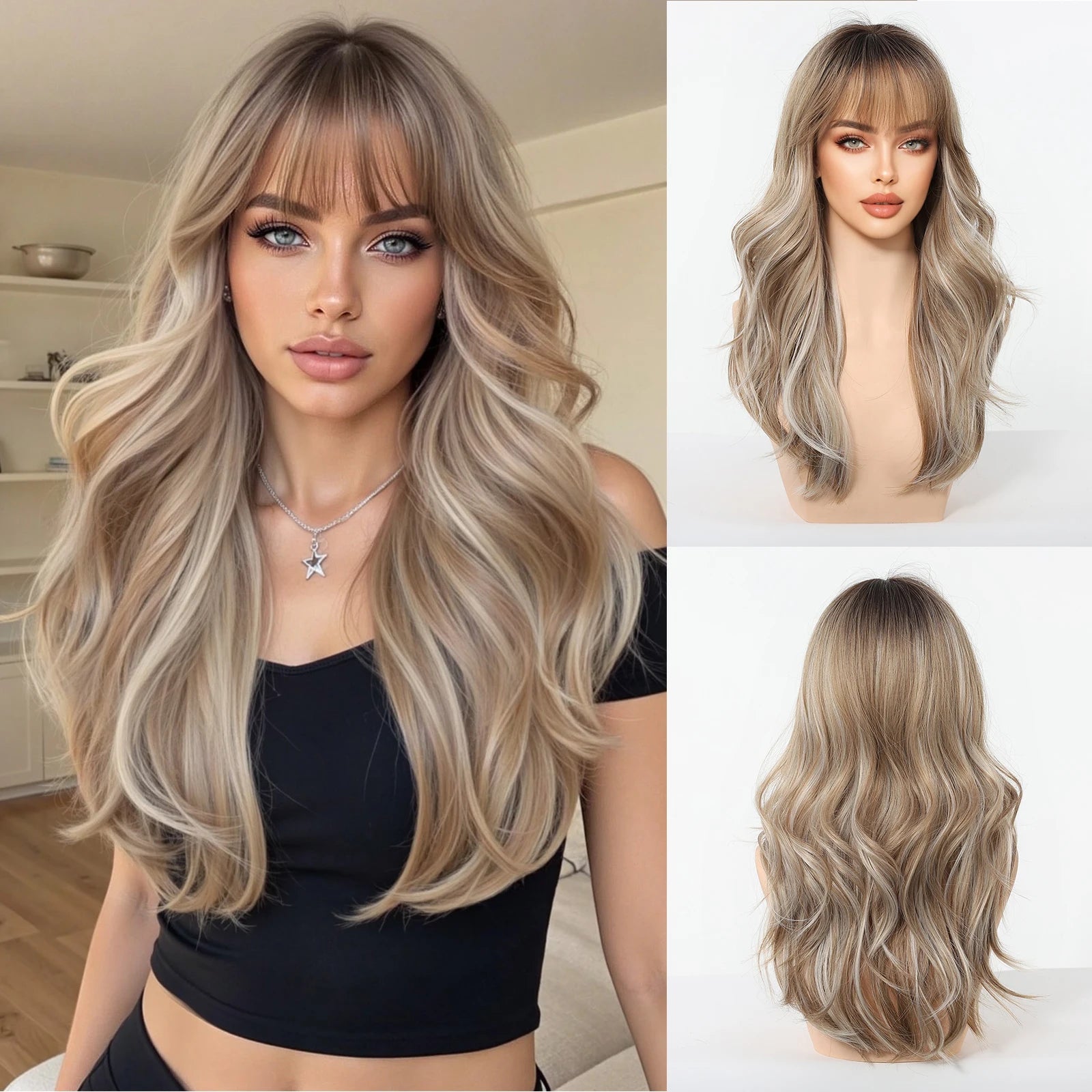 TINY LANA™ Long Golden Blonde Wave Synthetic Wig with Bangs ✨️