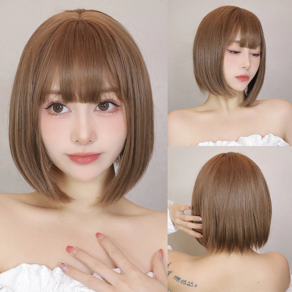 JONRENAU© Short Bob Straight Wig Synthetic Natural Hair with Bangs✨️