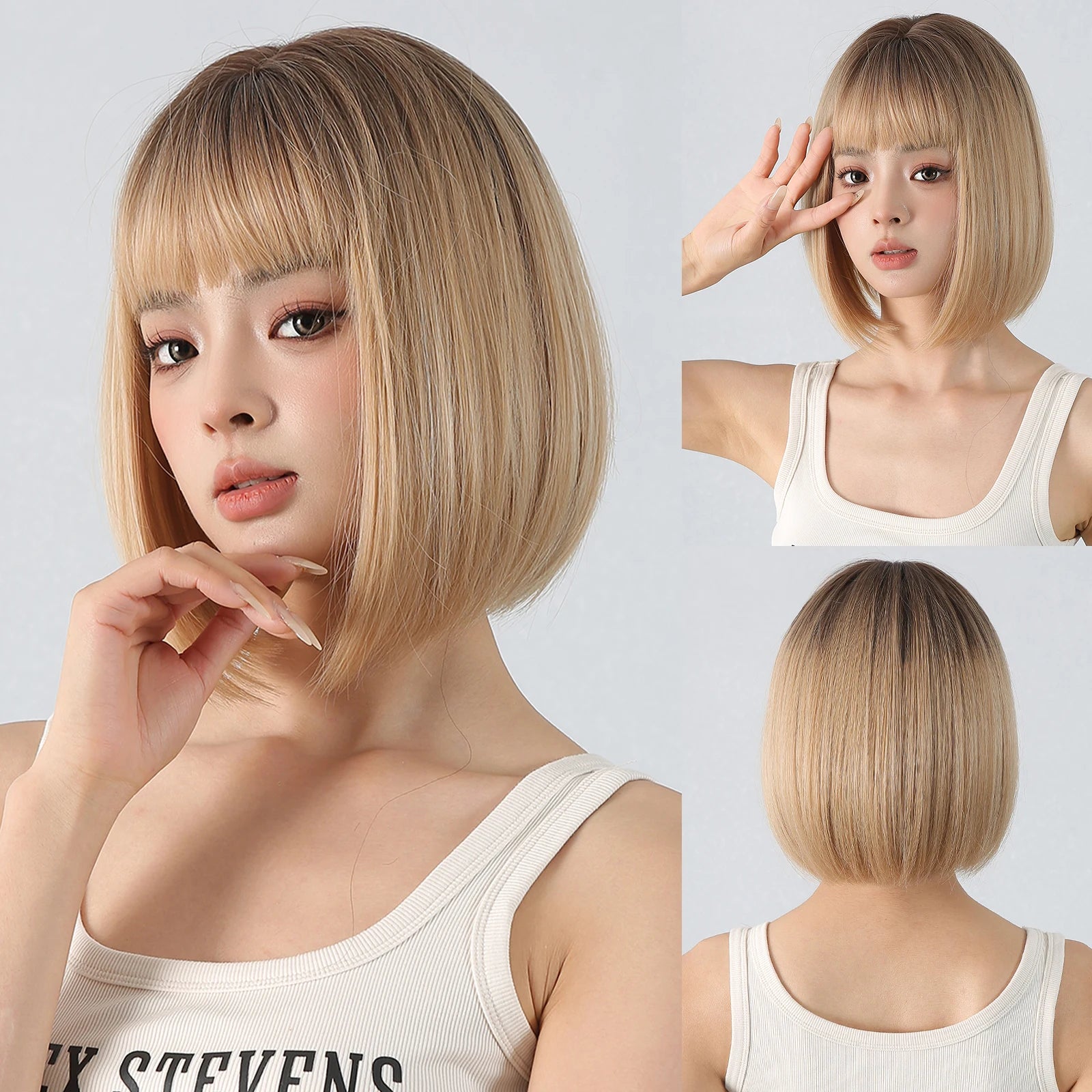 JONRENAU© Short Bob Straight Wig Synthetic Natural Hair with Bangs✨️