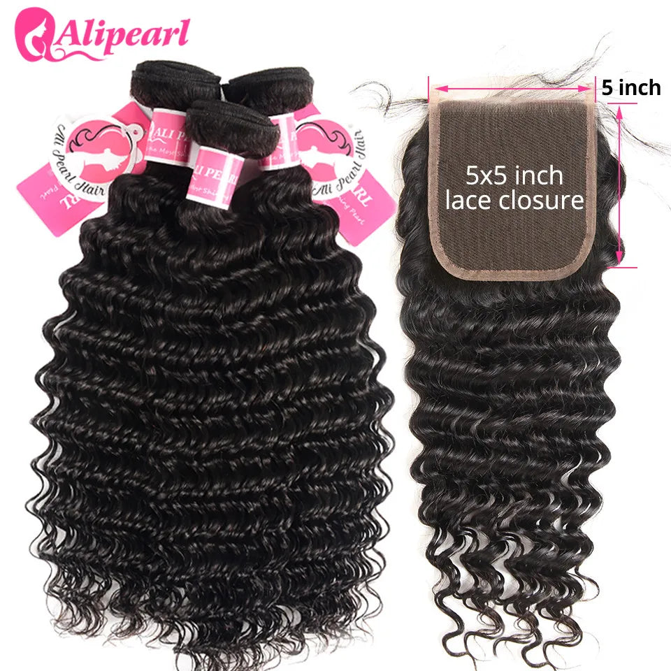 AliPearl Hair™ Deep Wave 3 Bundles With 5x5 Free Part Remy Brazilian Lace Closure✨️