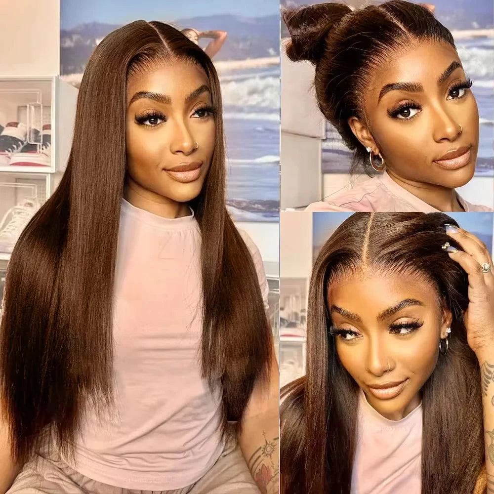 Yeslestm™#4 Chocolate Brown Straight 100% Brazilian Human Hair Bundles 1/3/4 Pcs✨️