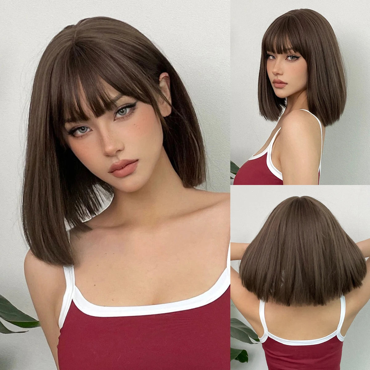 JONRENAU© Short Bob Straight Wig Synthetic Natural Hair with Bangs✨️