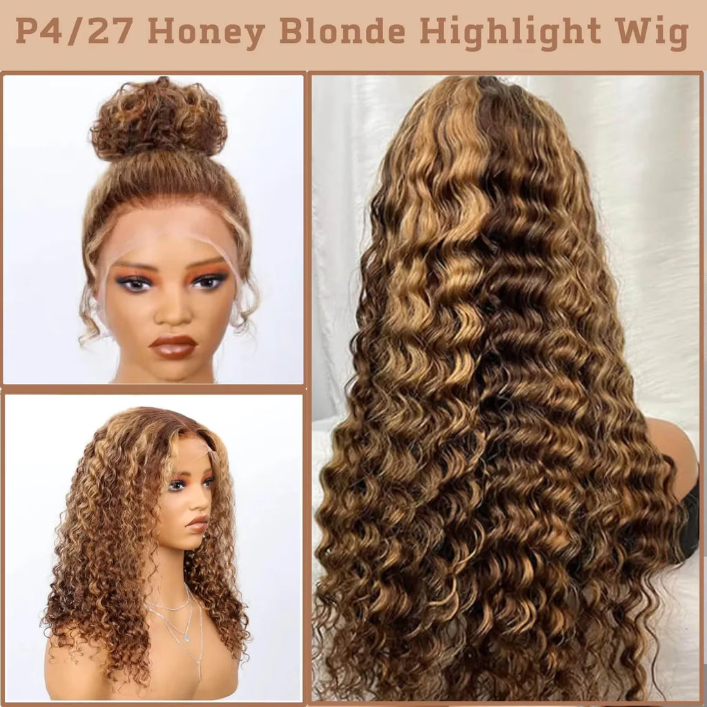 FRIZIRA™ Deep Wave Pre Plucked Brazilian Curly Wig w/360 Full Lace Front 4/27 Blonde Highlights ✨️