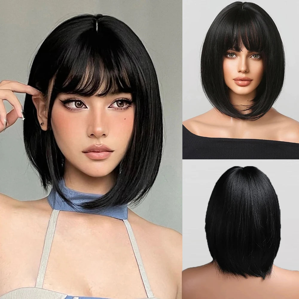 JONRENAU© Short Bob Straight Wig Synthetic Natural Hair with Bangs✨️