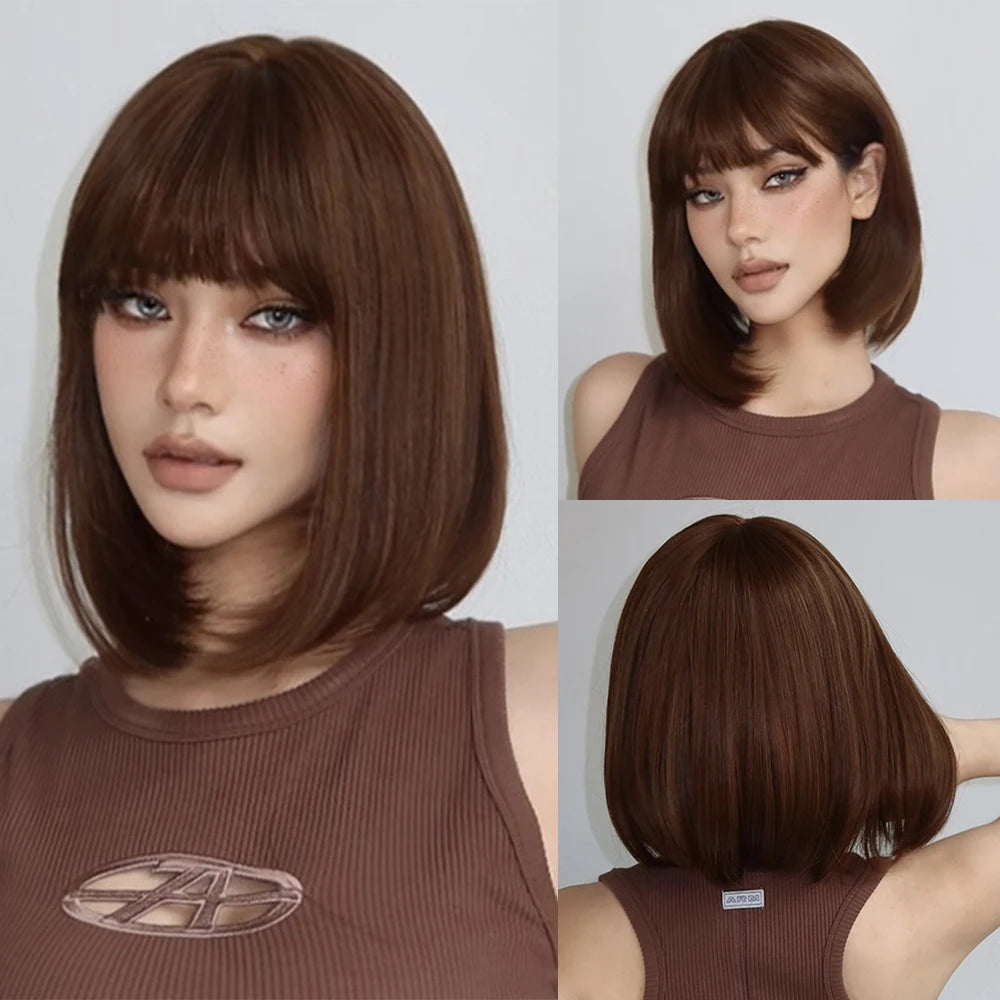 JONRENAU© Short Bob Straight Wig Synthetic Natural Hair with Bangs✨️