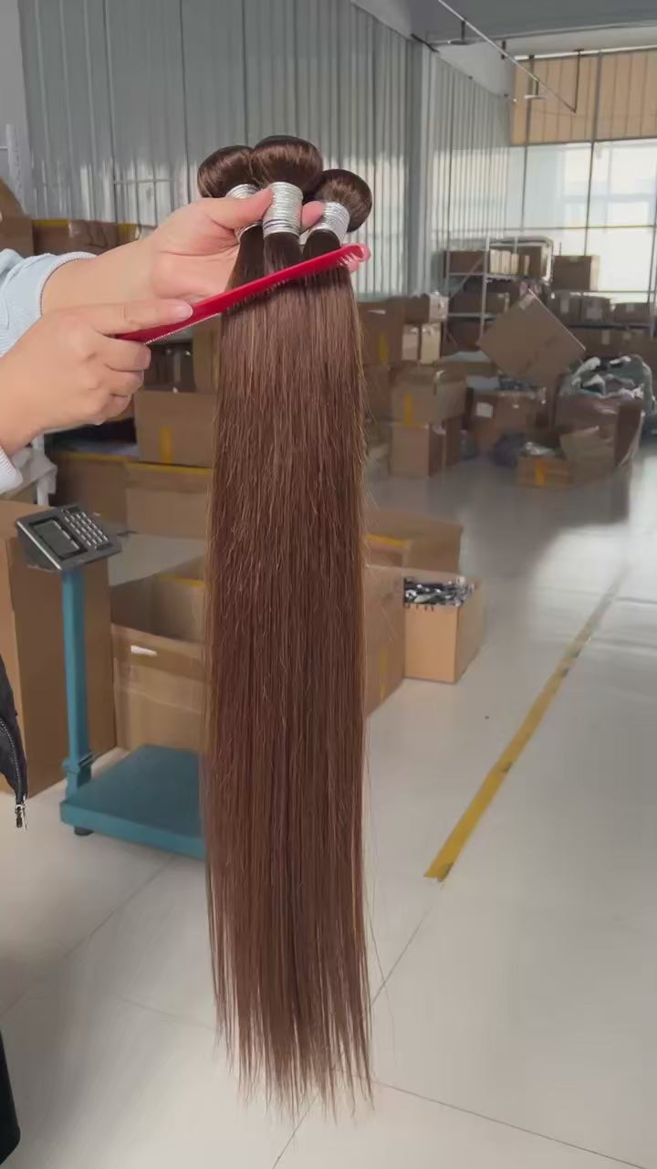 Yeslestm™#4 Chocolate Brown Straight 100% Brazilian Human Hair Bundles 1/3/4 Pcs✨️