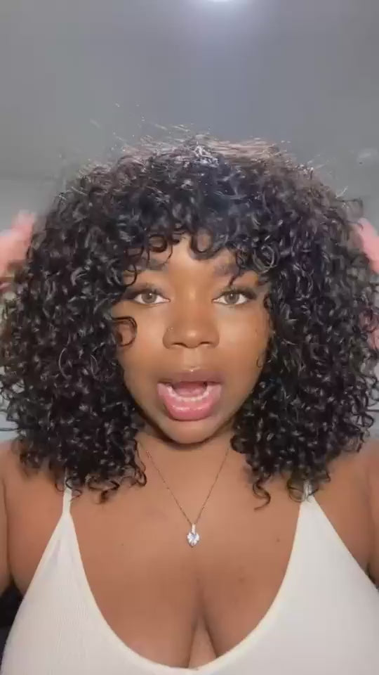 Sleek™ Brazilian Jerry Curly Short Bob Human Hair Wigs With Bangs 10-16inches ✨️
