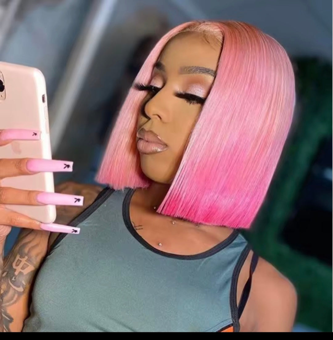 Eleanor® Brazillian Short Bob Wig Honey Blonde Ombre Pink Pre Plucked 613 Pink 13x4 Lace Front✨️ 8-14inches